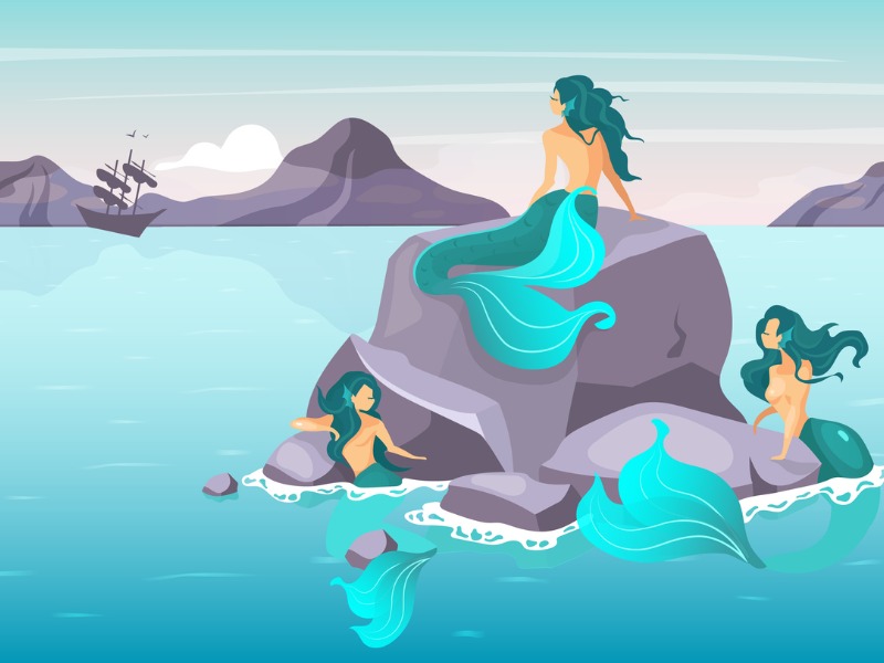 Trois sirènes posées sur un rocher au milieu de la mer. Au loin, un navire.