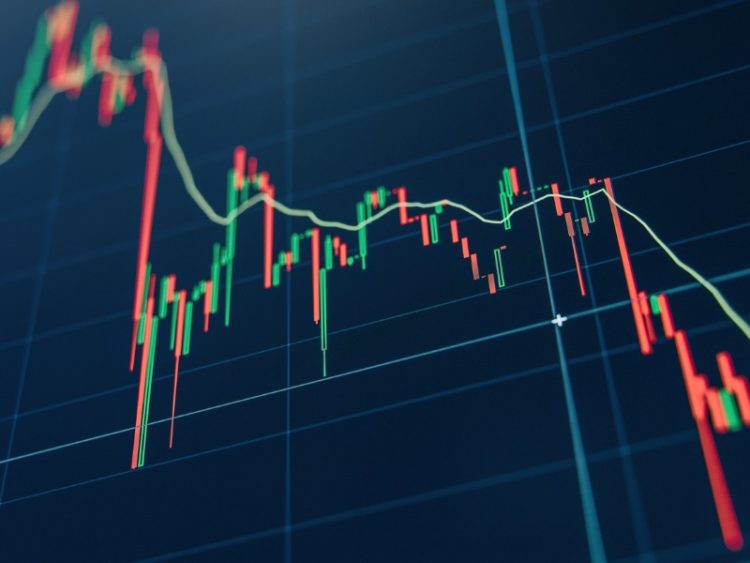 Diagramme crypto avec chandeliers verts et rouges sur écran bleu. TradingView