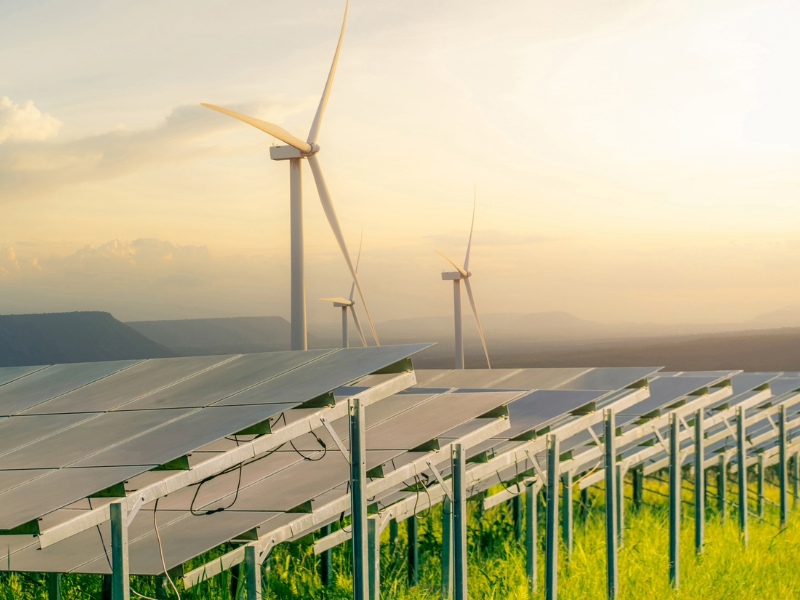 Image d'une ferme de turbines solaires et éoliennes, dans un champ vert, représentant l'énergie et les ressources durables.