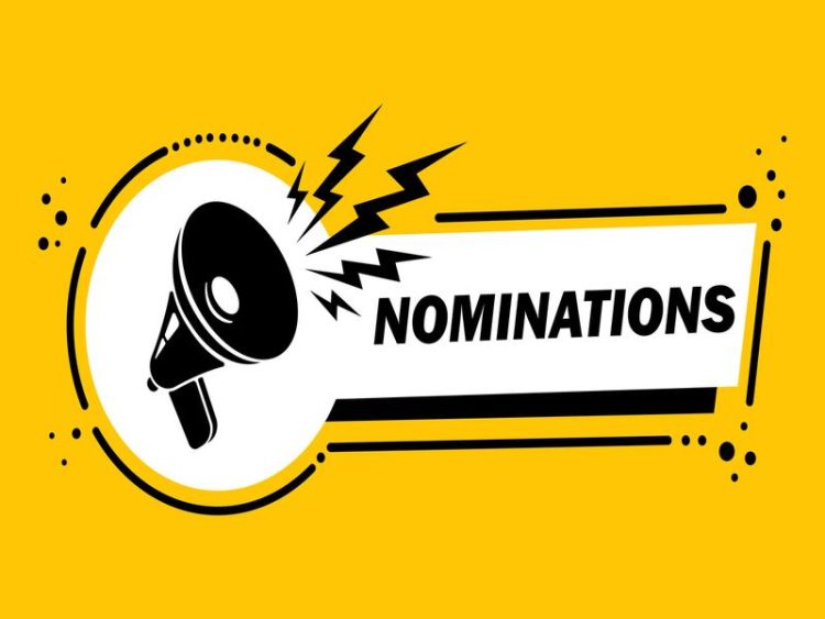Mégaphone avec bannière bulle de discours nominations. Haut-parleur. Label pour les affaires, le marketing et la publicité. Vecteur sur fond isolé. EPS 10