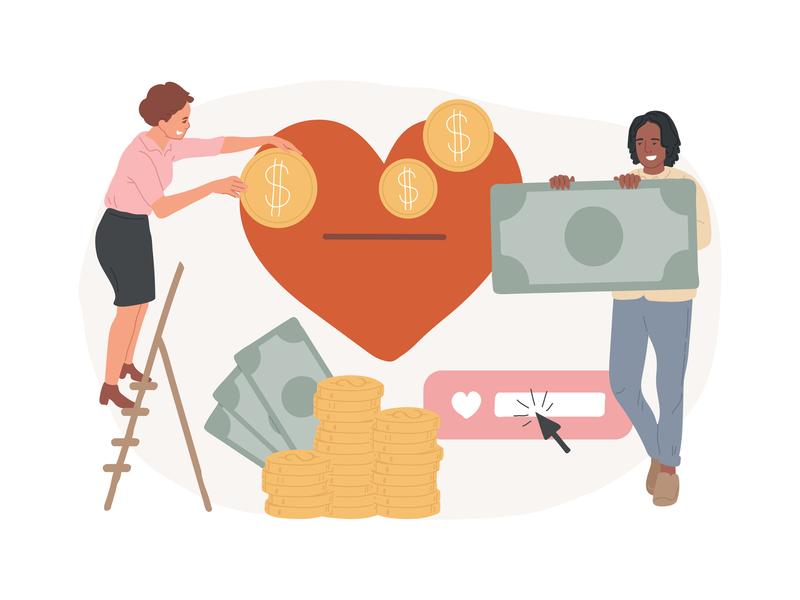 Illustration représentant deux personnes contribuant à un grand cœur en déposant des pièces et des billets, symbolisant le don, la générosité ou le financement participatif. Des piles de pièces et un bouton “like” complètent la scène.