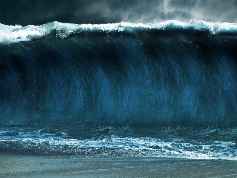 Puissante vague s’apprêtant à déferler sur le rivage.