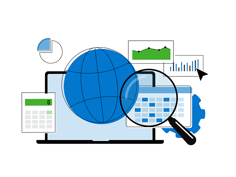 Ordinateur portable avec graphiques, calendrier, globe et loupe représentant l’analyse de données.